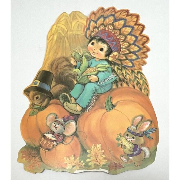 3x VTG EUREKA Paper THANKSGIVING Window Wall Decorations Turkey Pilgrim Indian - Picture 3 of 7